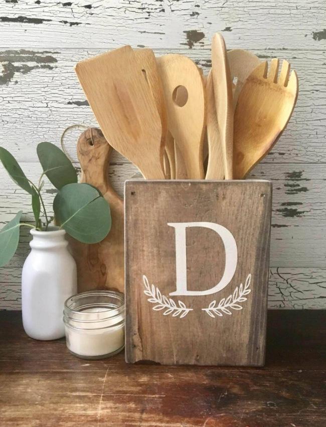 Wood Kitchen Utensil Holder Container Spoon Holder Wood Vase